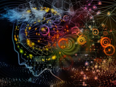 Dijital zihin serisi. Resimler bilgisayar bilimi, yapay zeka ve iletişim için insan yüzü ve teknoloji sembol siluet tasarlamak zemin