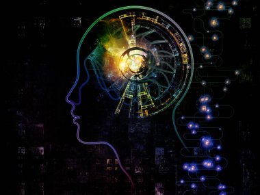 Dijital zihin serisi. Bilgisayar bilimi, yapay zeka ve iletişim konusunda bir metafor olarak, insan yüzü ve teknoloji sembol siluet tasarım oluşur