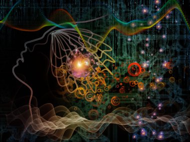 Dijital zihin serisi. İnsan yüzü ve teknoloji sembolleri inşaat üstünde bilgisayar bilimi, yapay zeka ve iletişim için silueti görsel açıdan hoş bileşimi