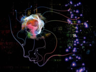 Dijital Zihin serisi. Bilgisayar bilimi, yapay zeka ve iletişim konularındaki insan yüzü ve teknoloji sembollerinin arka plan kompozisyonu