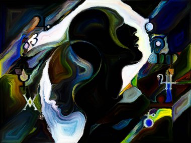 Lekeli Glass Forever serisi. Tasarım, yaratıcılık ve hayal gücü konularındaki insan profilleri, sembolleri ve renk kalıplarının arkaplanı