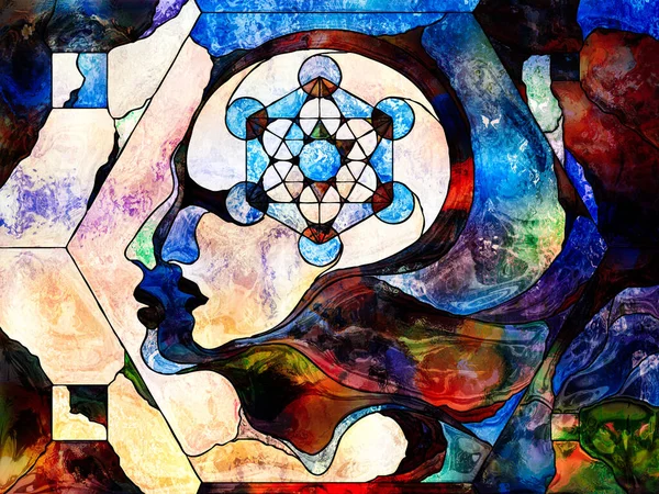 Stained Glass Forever Человеческие Профили Священными Геометрическими Кругами Нарисованными Органическими — стоковое фото