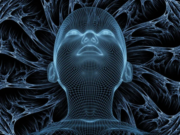 放射線マインドシリーズ 人間の頭とフラクタルパターンのワイヤメッシュモデルの3Dレンダリングは 人間の心 人工知能と仮想現実に関連するプロジェクトの背景として機能します — ストック写真