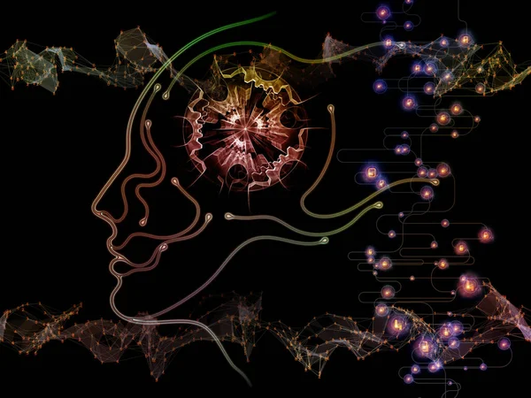 デジタル心シリーズ コンピュータ サイエンス 人工知能 通信する比喩的意味関係の人間の顔と技術記号のシルエットの組成 — ストック写真