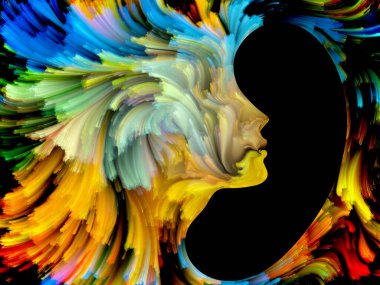 Boya serisi yüz. Sanat, hayal gücü, yaratıcılık ve feminizm projelerde kullanılmak üzere renkli insan portre arka plan yapılmış