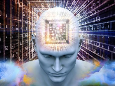 Zihin İşlemcisi serisi. Yapay zeka, akıl, kitle iletişim araçları ve modern teknoloji üzerine çalışmalar için CPU perspektifinde insan kafasının 3 boyutlu çizimi