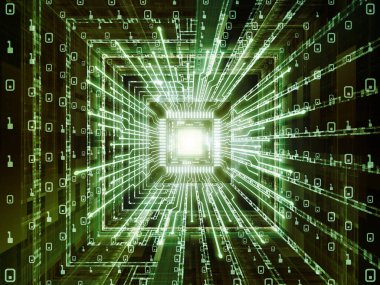 Bilgi işlem makinesi serisi. Cpu bilgisayar bilimi, dijital dünyada, sanal gerçeklik ve modern teknoloji konuda kavramı mecaz olarak 3D resimde perspektif fraktal ortamında ile