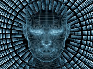 Radyasyon zihin serisi. İnsan zihni, yapay zeka ve sanal gerçeklik üzerinde insan kafası ve fraktal modelinin 3 boyutlu yansıması