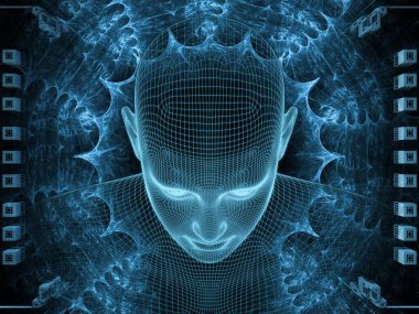 Zihin serisi yayılıyor. insan zihni, yapay zeka ve sanal gerçeklik konusunda insan baş ve fraktal deseninin 3D render