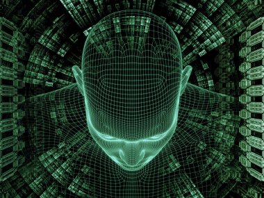 Radyasyon zihin serisi. İnsan zihni, yapay zeka ve sanal gerçeklik üzerine projeler için insan kafası ve fraktal şablonun 3 boyutlu yorumlanması