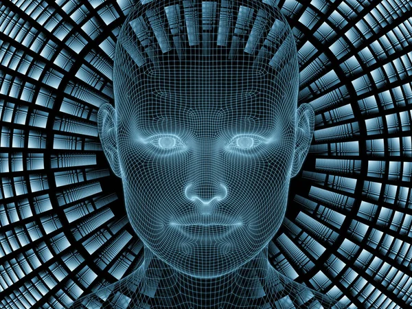 辐射心灵系列 人头线网模型的三维绘制及人脑 人工智能 虚拟现实等方面的分形模型 — 图库照片