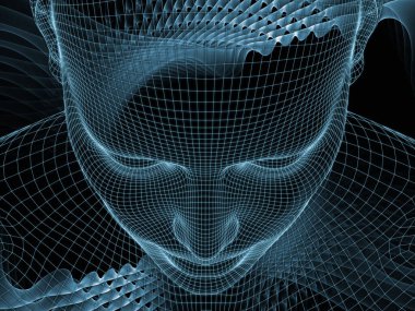 Zihin serisi yayılıyor. insan aklının, yapay zeka ve sanal gerçeklik insan kafası ve fraktal desen için çelik hasır modeli 3D render çalışır