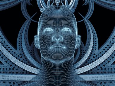 Zihin serisi yayılıyor. insan aklının, yapay zeka ve sanal gerçeklik insan kafası ve fraktal desen için çelik hasır modeli 3D render çalışır