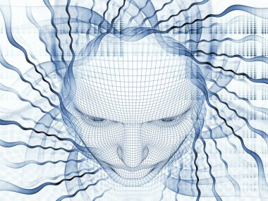 3D render - zihin alan serisi. Tel kafes insan modeli ve fraktal patters yapay zeka, bilim ve teknoloji projeleri için fon olarak uygun başkanı aranjman