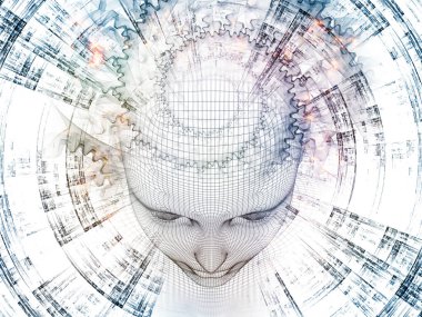 3D Renderleme Zihin Sahası serisi. Tel örgü insan modeli ve yapay zeka, bilim ve teknoloji üzerine fraktal paternlerden oluşan sanatsal soyutlama