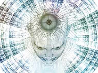 3D render - zihin alan serisi. Tel kafes insan modeli ve fraktal patters yapay zeka, bilim ve teknoloji konusunda başkanı soyut tasarım yapılmış