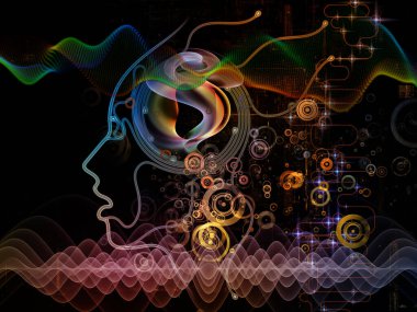 Dijital zihin serisi. Resimler bilgisayar bilimi, yapay zeka ve iletişim için insan yüzü ve teknoloji sembol siluet tasarlamak zemin