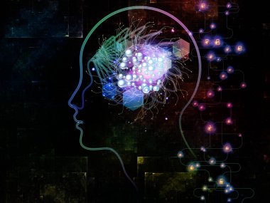 Dijital Zihin serisi. Bilgisayar bilimi, yapay zeka ve iletişim konularındaki insan yüzü ve teknoloji sembollerinin etkileşimi