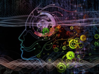 Dijital zihin serisi. Bilgisayar bilimi, yapay zeka ve iletişim konusunda insan yüzü ve teknoloji sembol siluet düzenlenmesi