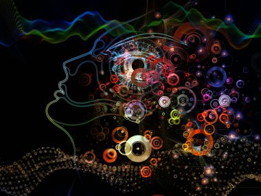 Dijital Zihin serisi. Bilgisayar bilimi, yapay zeka ve iletişim konularındaki insan yüzü ve teknoloji sembollerinin arka plan kompozisyonu