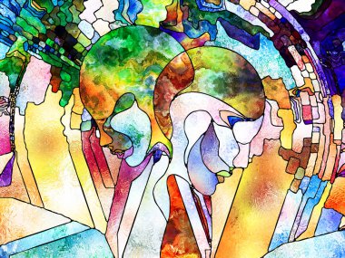 Lekeli Glass Forever serisi. Tasarım, yaratıcılık ve hayal gücü konularında insan profillerinin, sembollerin ve renk kalıplarının arkaplan tasarımı