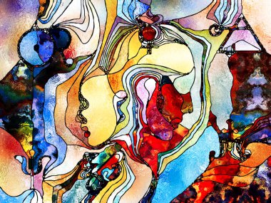 Lekeli Glass Forever serisi. İnsan profillerinin bileşimi, kutsal semboller ve mistisizm, yaratıcılık ve hayal gücüyle mecazi bir ilişkisi olan renk kalıpları.