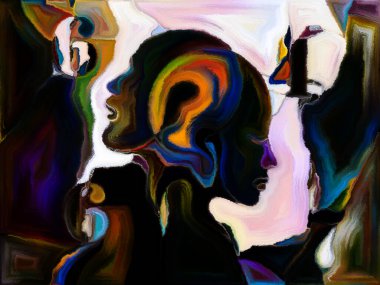 Lekeli Glass Forever serisi. Bilgi, yaratıcılık ve hayal gücüyle ilgili projeler için arkaplan görevi görecek insan profilleri, sayılar ve renk kalıplarından oluşan tasarım