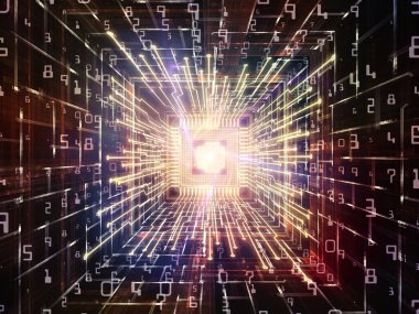 Bilgi işlem makinesi serisi. Cpu 3D çizimi bilgisayar bilimi, dijital dünyada, sanal gerçeklik ve modern teknolojinin projelerde kullanılmak üzere perspektif fraktal ortamında ile