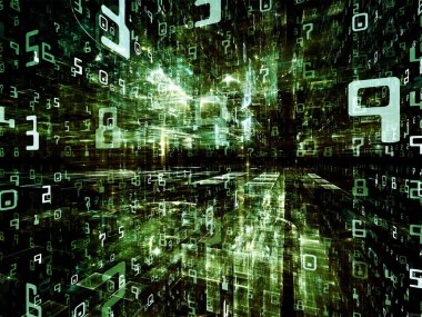 Digital City serisi. Bilgisayarlarla, bilimle, sanal gerçeklikle ve modern teknolojiyle mecazi ilişkisi olan üç boyutlu fraktal ve sayıların bileşimi