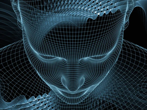 Zihin serisi yayılıyor. insan aklının, yapay zeka ve sanal gerçeklik insan kafası ve fraktal desen için çelik hasır modeli 3D render çalışır