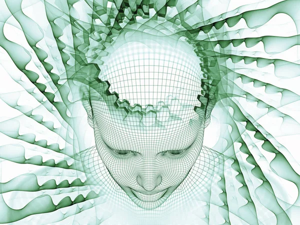 3Dレンダリング マインドフィールドシリーズ 人工知能 科学技術の分野におけるワイヤメッシュ人間モデルとフラクタルパターンの頭部の相互作用 — ストック写真