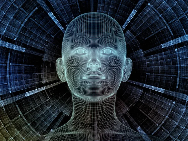 放射線マインドシリーズ 人間の頭と人間の心 人工知能と仮想現実の対象上のフラクタルパターンのワイヤメッシュモデルの3Dレンダリング — ストック写真