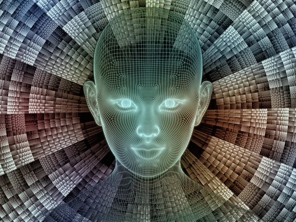 Zihin serisi yayılıyor. insan zihni, yapay zeka ve sanal gerçeklik konusunda insan baş ve fraktal deseninin Çelik hasır modelinin 3D render tasarım