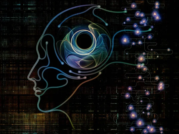 数码心灵系列 人脸和技术符号轮廓的创造性编排作为计算机科学 人工智能和通信学科的概念隐喻 — 图库照片