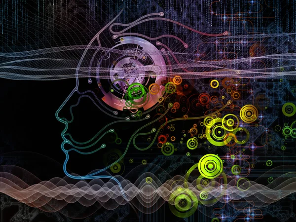 Dijital zihin serisi. Bilgisayar bilimi, yapay zeka ve iletişim konusunda insan yüzü ve teknoloji sembol siluet düzenlenmesi
