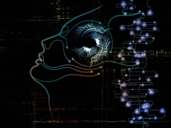 Dijital zihin serisi. Grafik, bilgisayar bilimi, yapay zeka ve iletişim için insan yüz ve teknoloji sembol siluet bileşimi