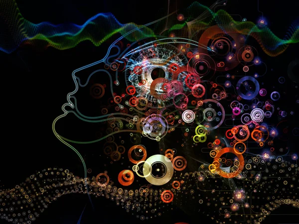 Dijital Zihin serisi. Bilgisayar bilimi, yapay zeka ve iletişim konularındaki insan yüzü ve teknoloji sembollerinin arka plan kompozisyonu