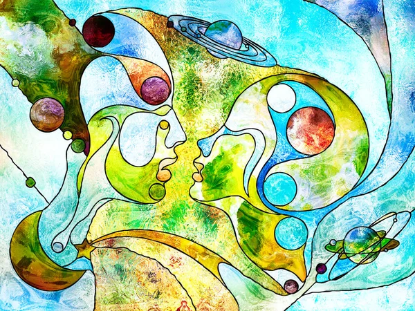 Vitray sonsuza dek serisi. Gezegen yörüngeleri ile insan profilleri arasında aşk, ilişki ve dünya dışı iletişim konusunda organik desenleri ile çizilmiş.