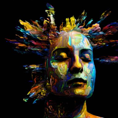 Etkileyici bir kadın portresi. Hayattaki ve sanattaki yaratıcı enerji projelerinde kullanılmak üzere dijital boya darbelerinin arkaplanı