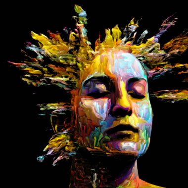 Etkileyici bir kadın portresi. Hayattaki ve sanattaki yaratıcı enerji projelerinde kullanılmak üzere dijital boya darbelerinin arkaplanı