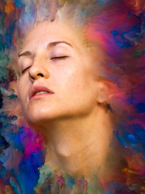 Onun Dünya serisi. Kadın portre canlı boya ile erimiş ve duygular, duygular, iç dünya, yaratıcılık ve hayal gücü projelerde kullanım için uygun zemin oluşur