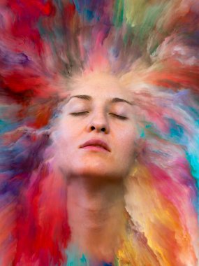 Onun Dünya serisi. Tasarım projeleri için fon olarak hizmet verecek kadın portre ile canlı boya erimiş yapılmış duygular, duygular, iç dünya, yaratıcılık ve hayal gücü ile ilgili