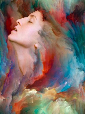 Dünya serisi. Duygular, duygular, iç dünya, yaratıcılık ve hayal gücü konularında bir metafor olarak kadın portresinin canlı resimlerle kaynaşmış yaratıcı düzenlemesi.