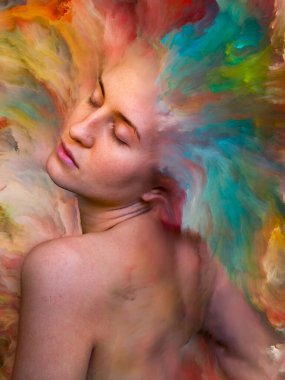 Onun Dünya serisi. Kadın portre tasarlamak zemin inşaat üstünde duygular, duygular, iç dünya, yaratıcılık ve hayal gücü için canlı boya ile erimiş