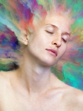 Dünya serisi. Kadın portresinin arka plan tasarımı duygular, duygular, iç dünya, yaratıcılık ve hayal gücü üzerine canlı boyalar ile kaynaştırılmış.