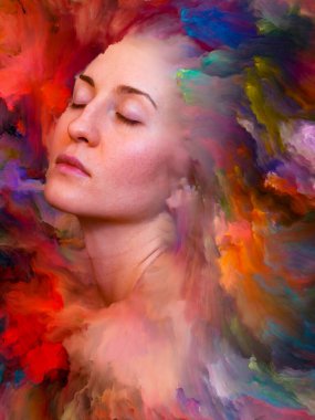 İç dış serisi. Kadın portre tasarlamak zemin inşaat üstünde duygular, duygular, iç dünya, yaratıcılık ve hayal gücü için canlı boya ile erimiş