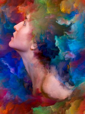 İç dış serisi. Duygular, duygular, iç dünya, yaratıcılık ve hayal gücü konusunda canlı boya ile soyut tasarım kadın portresi yapılan erimiş
