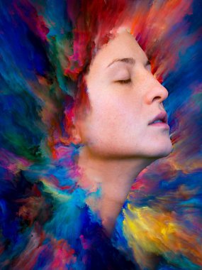 İç dış serisi. Kadın portre konu duygular, duygular, iç dünya, yaratıcılık ve hayal gücü üzerinde canlı boya ile erimiş sanatsal soyutlama oluşan