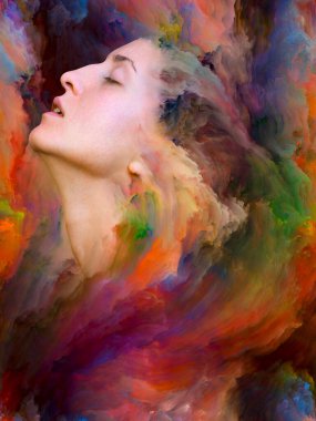 Onun Dünya serisi. Mecazi ilişki duygular, duygular, iç dünya, yaratıcılık ve hayal gücü ile canlı boya ile kadın portre bileşimi erimiş