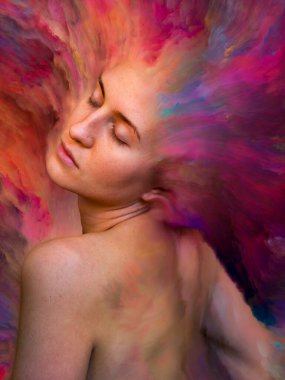 Onun Dünya serisi. Kadın portre tasarlamak zemin inşaat üstünde duygular, duygular, iç dünya, yaratıcılık ve hayal gücü için canlı boya ile erimiş